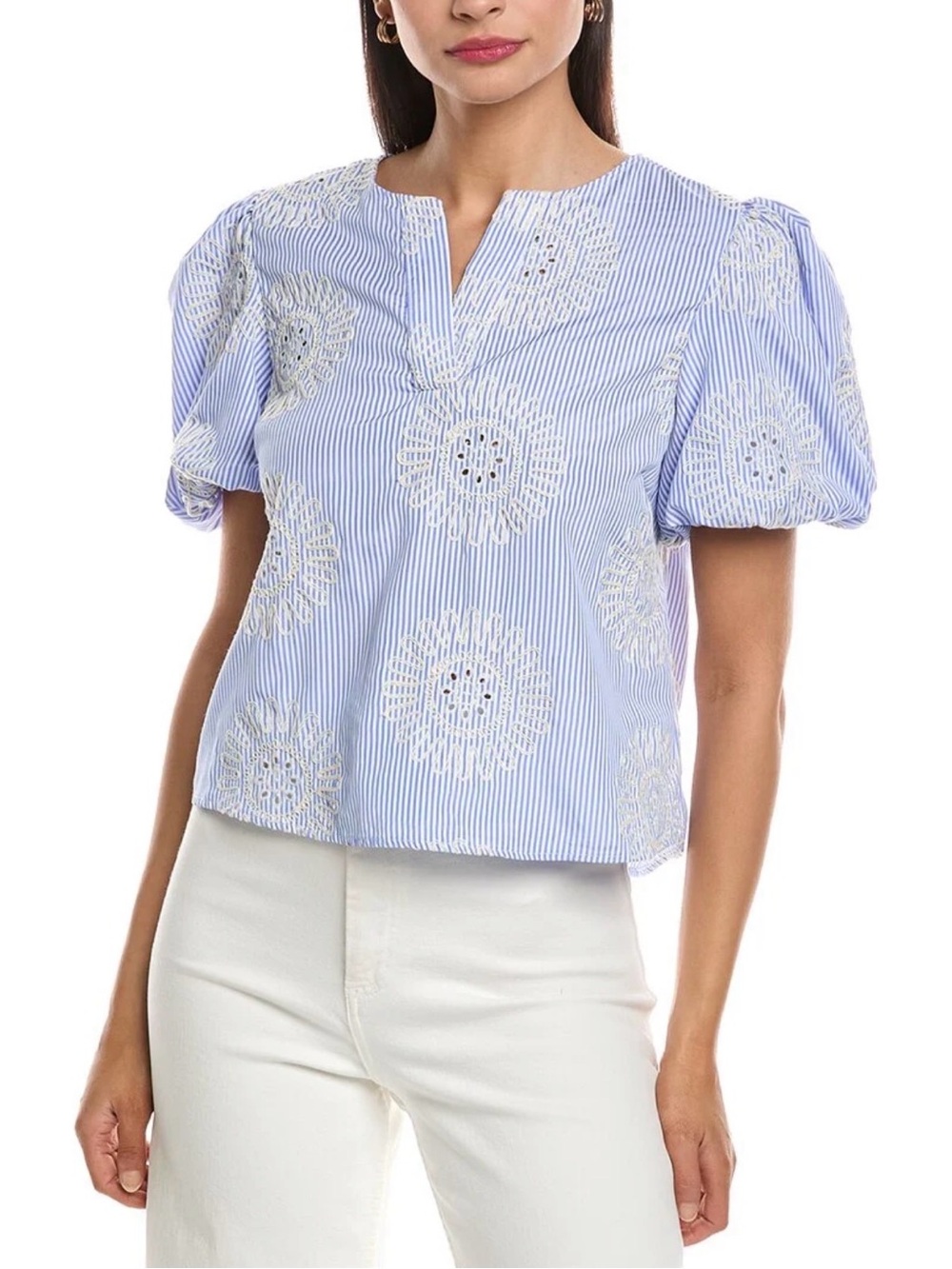 Nanette Lepore Light Blue Striped Eyelet Puff-Sleeve Top